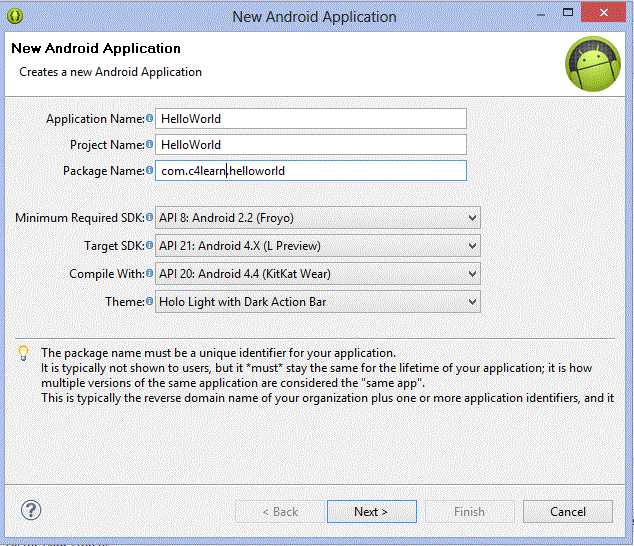 Step 2 - Give name to new android project